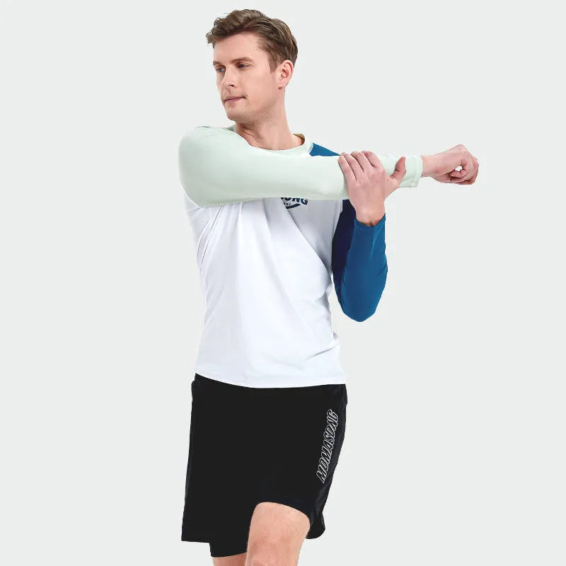 Men's white long-sleeved swim top with matching dual-layer swim trunks for beach sports