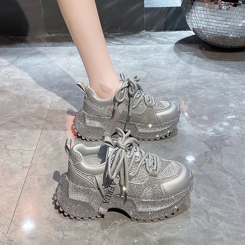 Shiny sequin women's high-top sneakers with thick soles, lace-up design, silver and red rhinestone accents