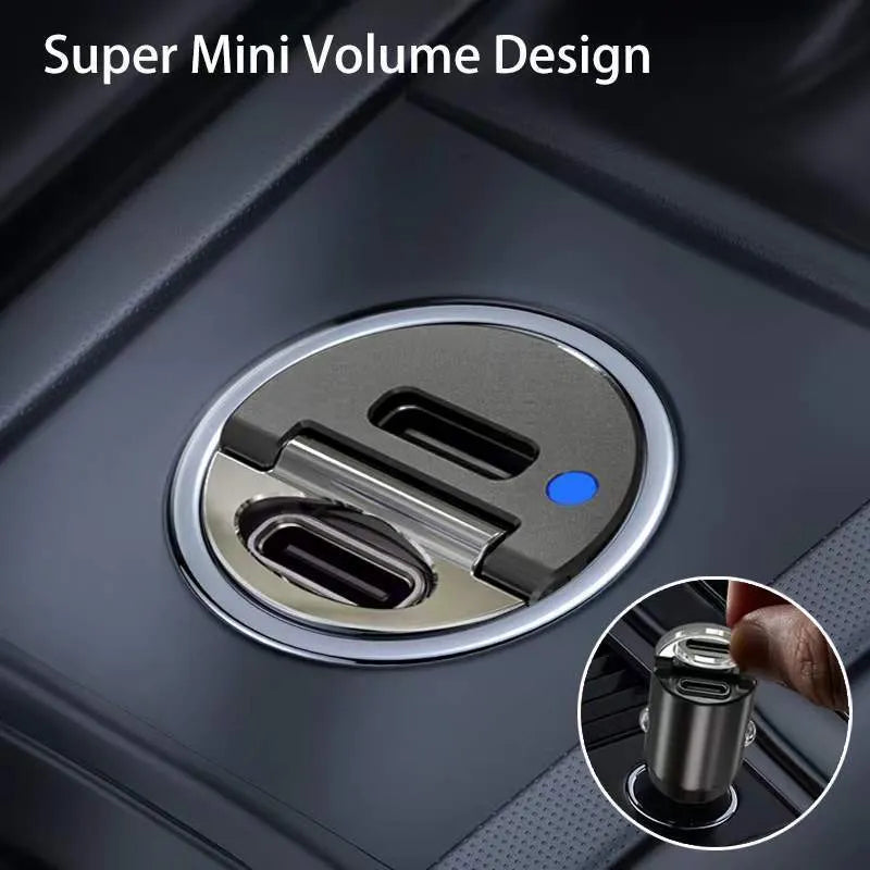 Black mini 30W car cigarette lighter charger body made of zinc alloy measuring 45x20.7mm