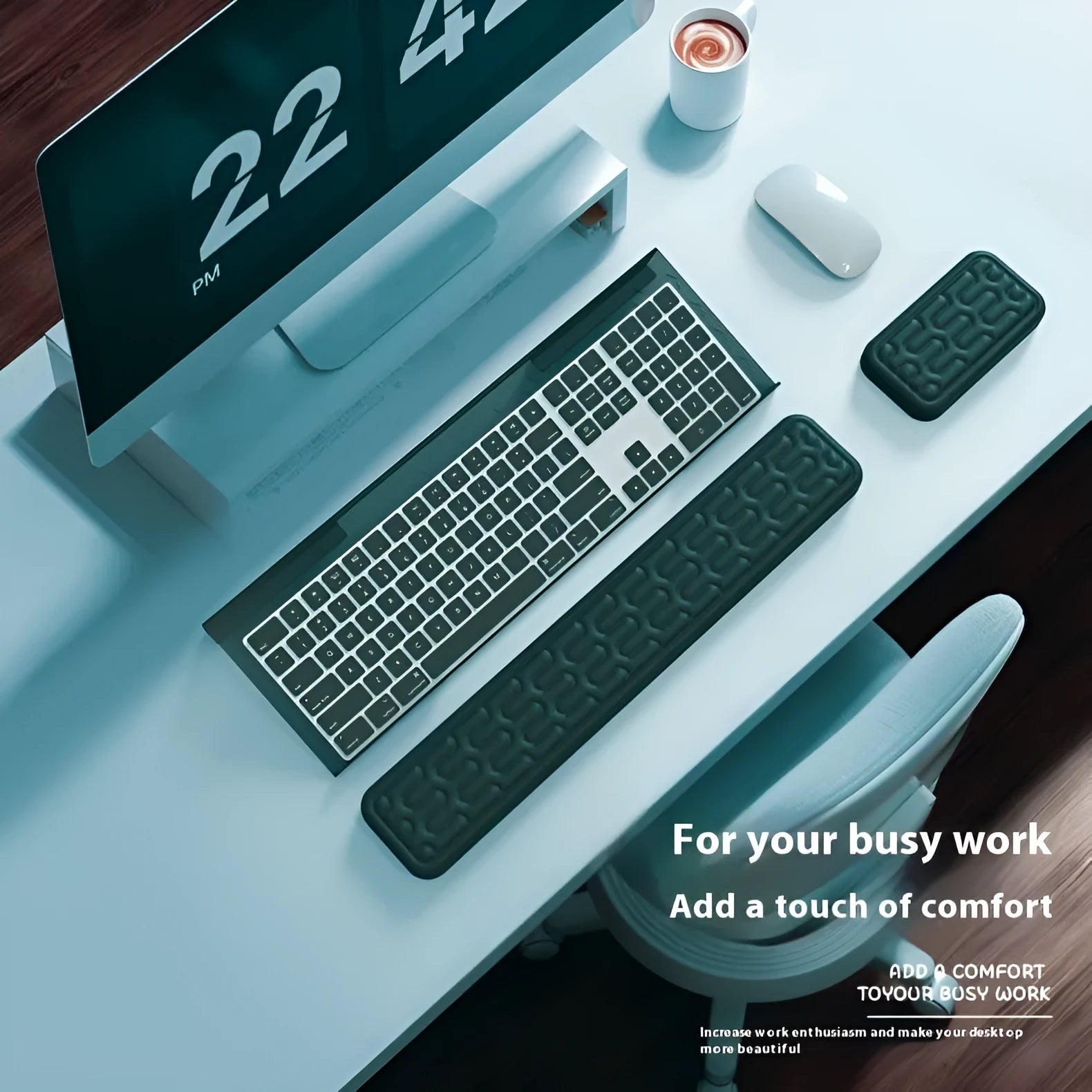 Double-sided resin keyboard and mouse pad with memory foam and wrist rest in multiple colour options