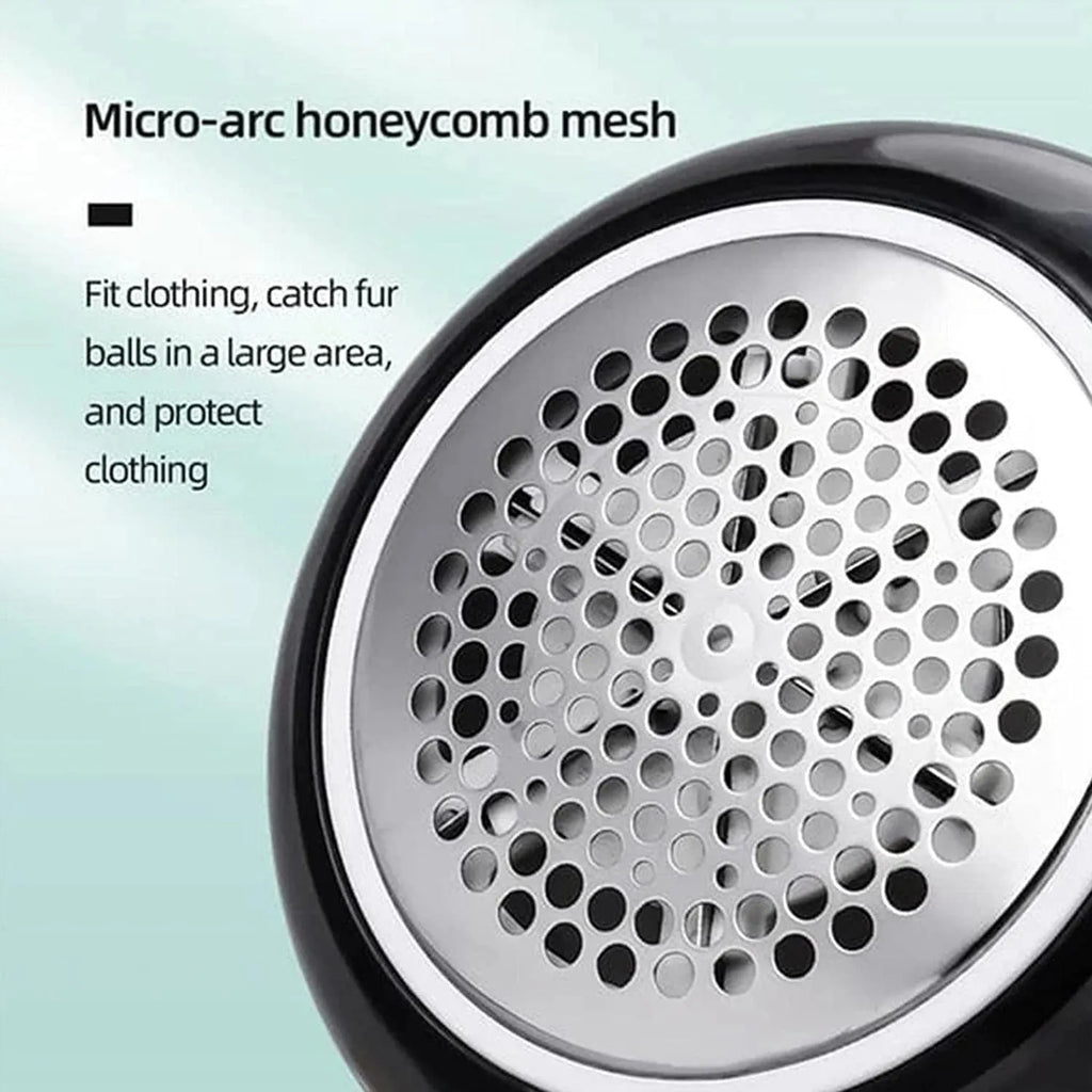 USB rechargeable electric lint remover in white or green with six-leaf stainless steel blade and lint collector container