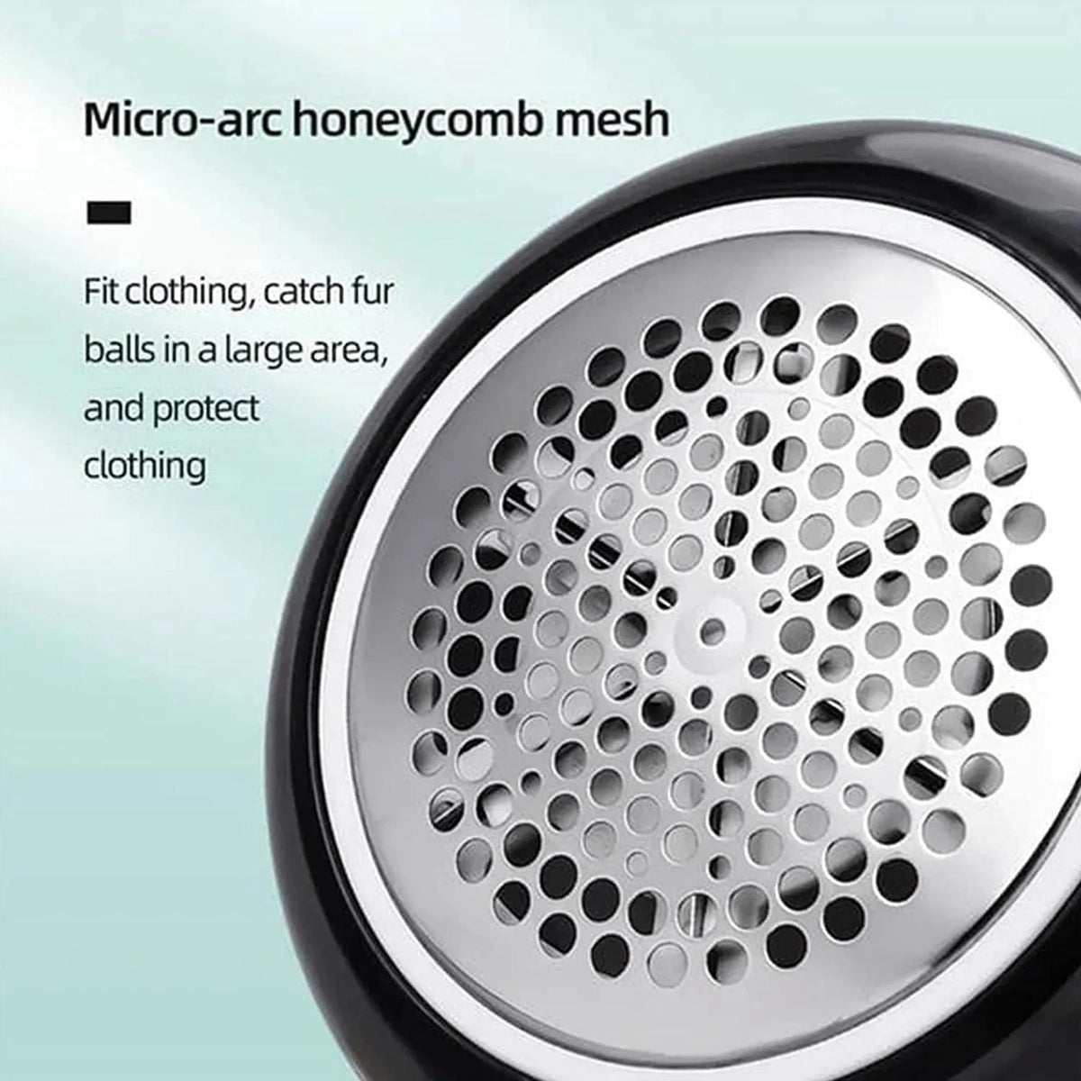 USB rechargeable electric lint remover in white or green with six-leaf stainless steel blade and lint collector container