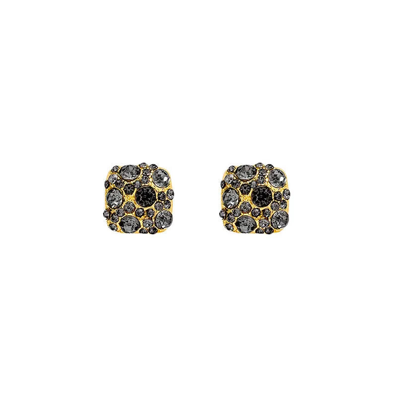 Gold tone alloy square earrings with black micro inlaid zircon and chamfered square grain for women
