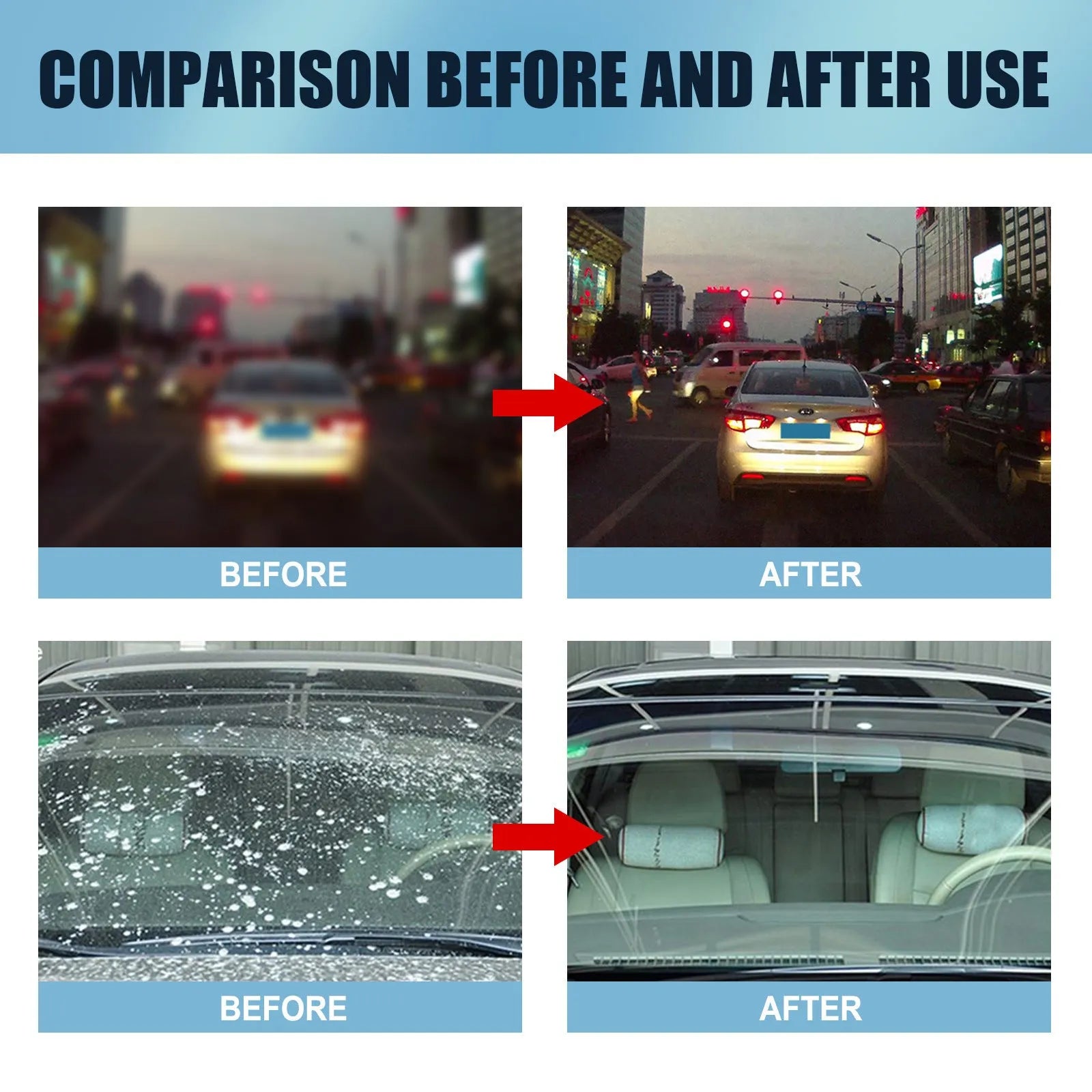Blue sponge and bottle of car glass oil film remover cleaner on a car windscreen.