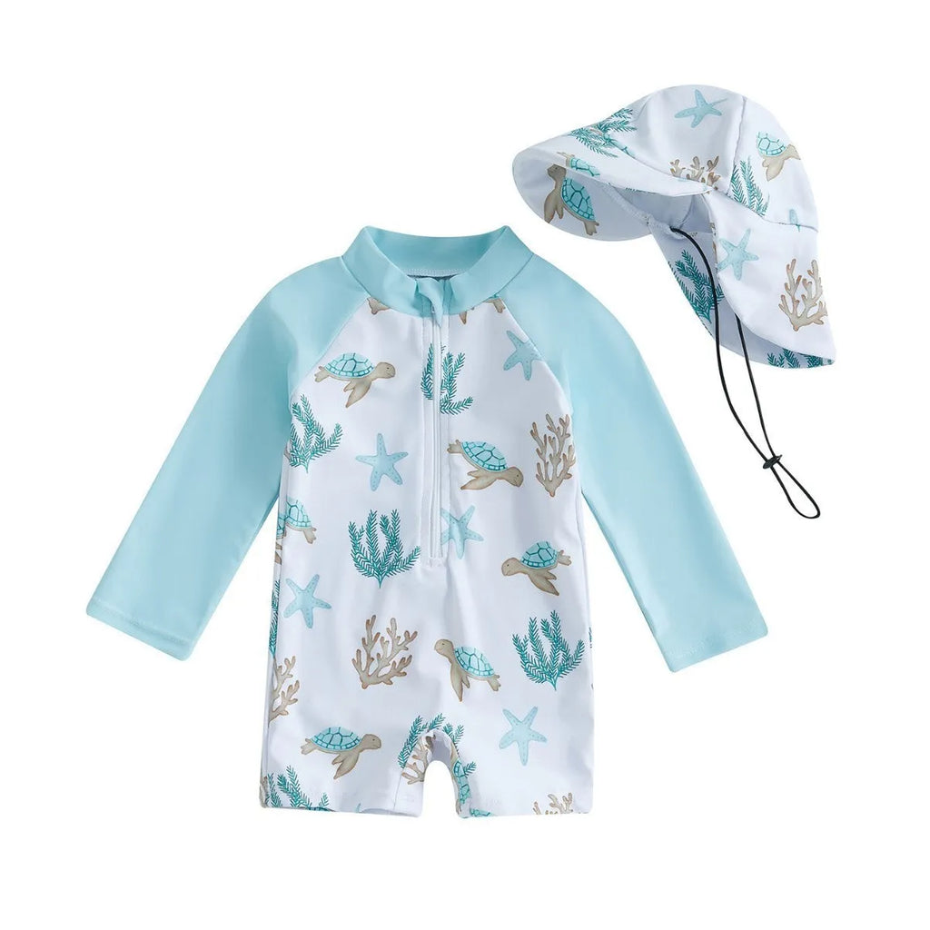 Children's long sleeve one-piece swimsuit in polyester, available in dinosaur light green sleeve design, on white background