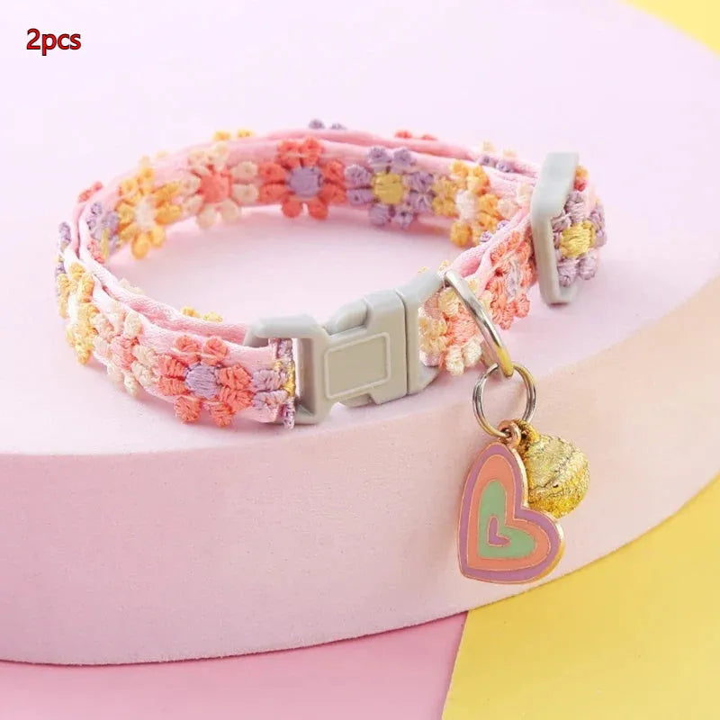 Lace embroidery trim bell cat collar in polyester, free size, shown in flower and love style patterns