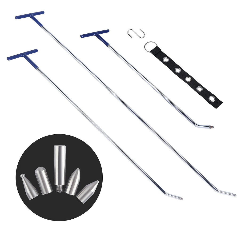 Three alloy steel car dent repair crowbars in a set for vehicle body maintenance