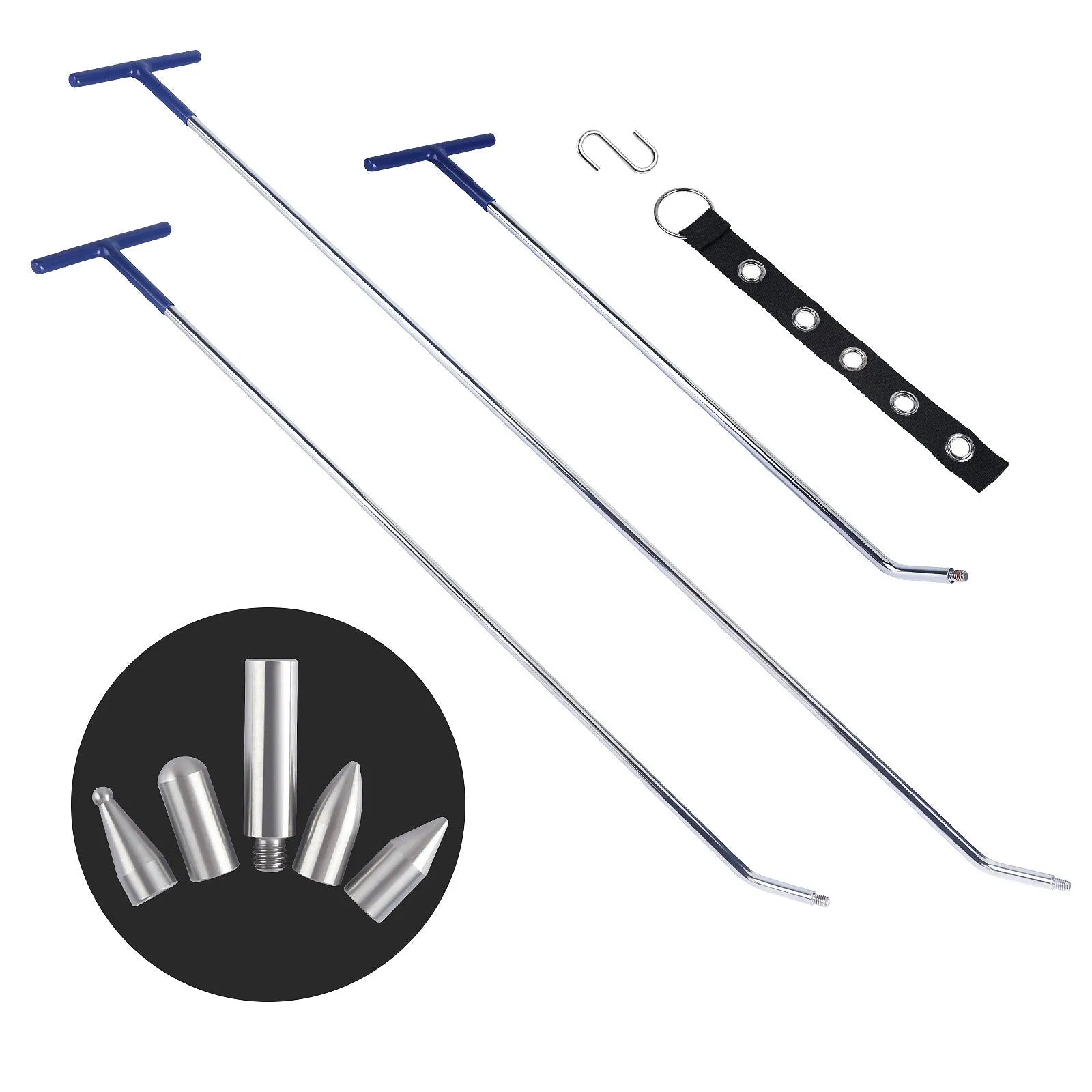 Three alloy steel car dent repair crowbars in a set for vehicle body maintenance