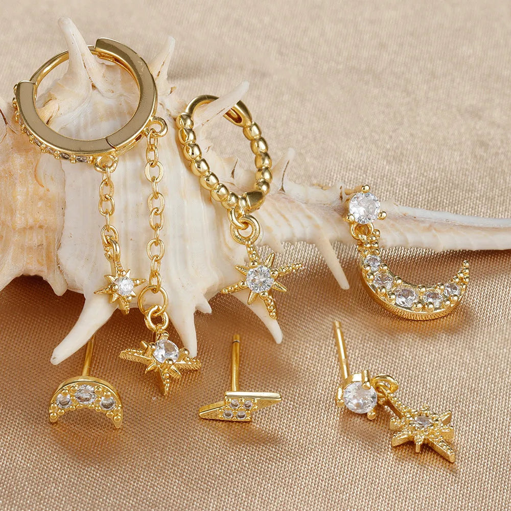 XINGX gold-colour chain tassel and zircon stud earrings set, six pieces, electroplated copper.