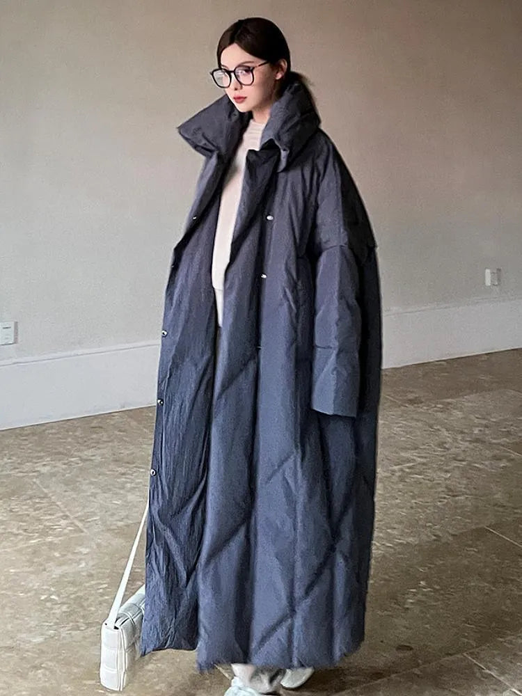 Women's mid-length winter coat in black or grey, loose Korean style zip jacket with conventional sleeves