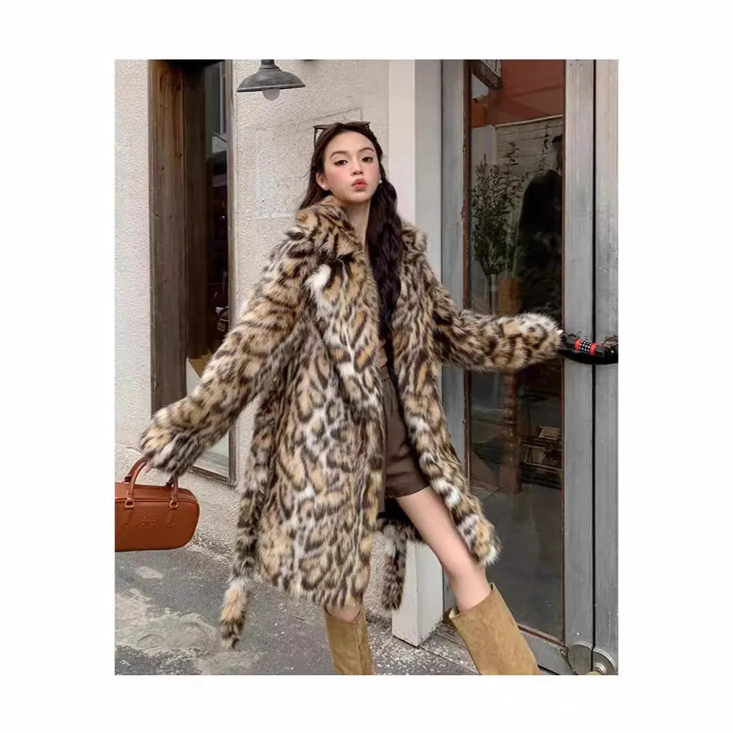 Women's faux fur coat with fox fur collar in mid-length or long 80cm style