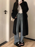 Women's knitted V-neck cardigan in mid-length 65cm design with loose fit