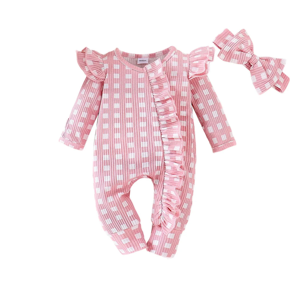 Cotton baby girl plaid long-sleeved romper in pink for spring autumn wear