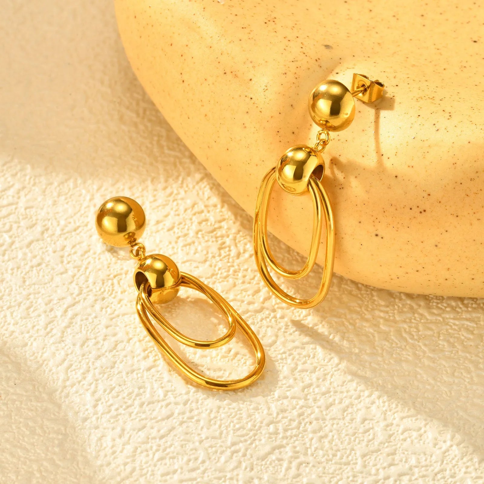 Women's gold vintage geometric earrings stainless steel oval coils round beads electroplated finish