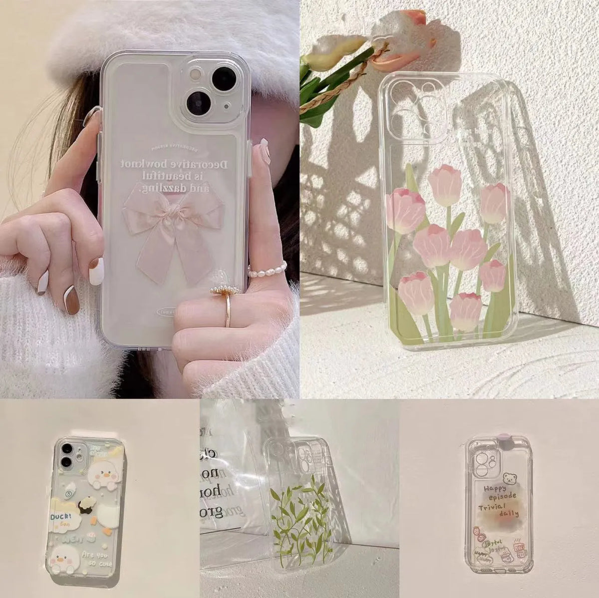 Transparent TPU phone case with cute bow, daisy, bear, moon, duck, smiley, tulip and flower designs for iPhone models