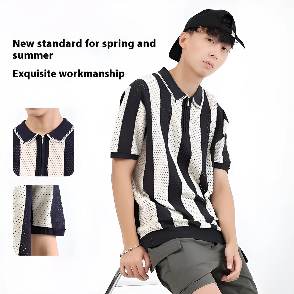 Men's ice silk short sleeve sweater with striped pattern and front zipper details in multiple colour options