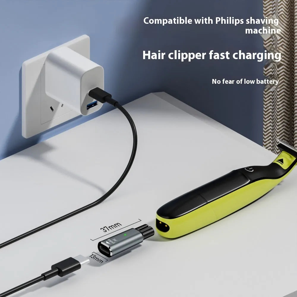 Black USB C charging adapter for electric shavers and hair clippers with 4.3V 8W output.