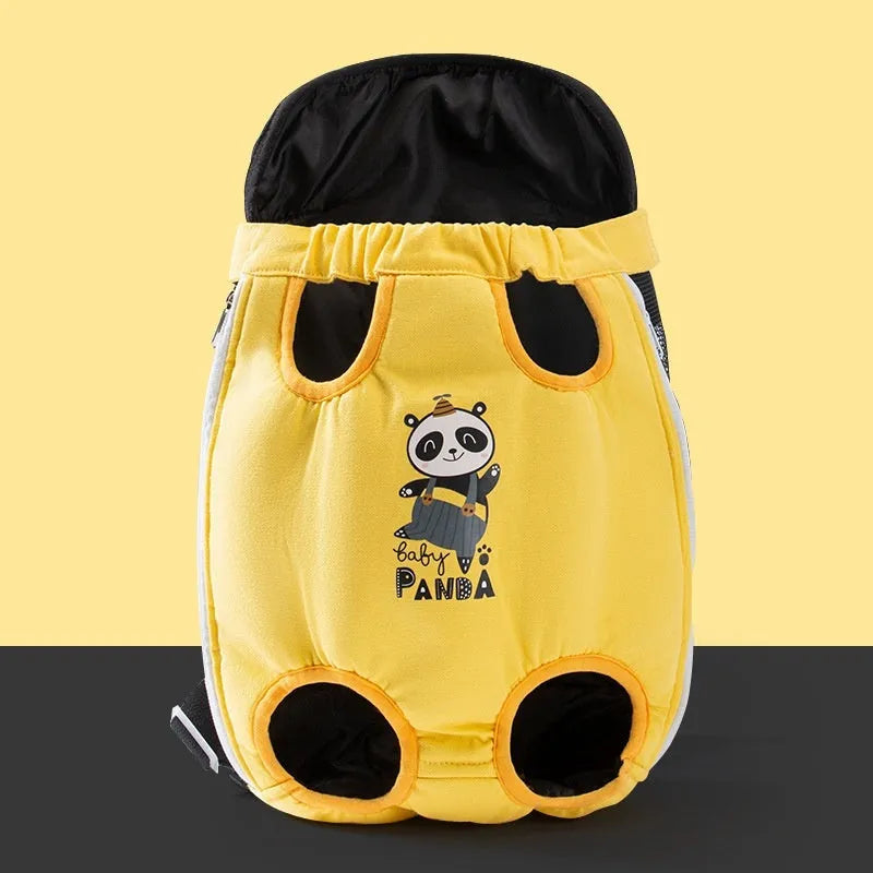 Cartoon animal print pet chest bag in soft canvas with colourful stitching, shown in Beka yellow bear design.