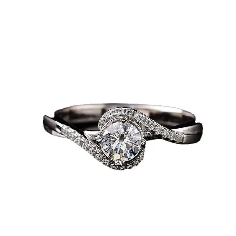 Silver geometric synthetic moissanite ring with adjustable opening showing 8mm stone