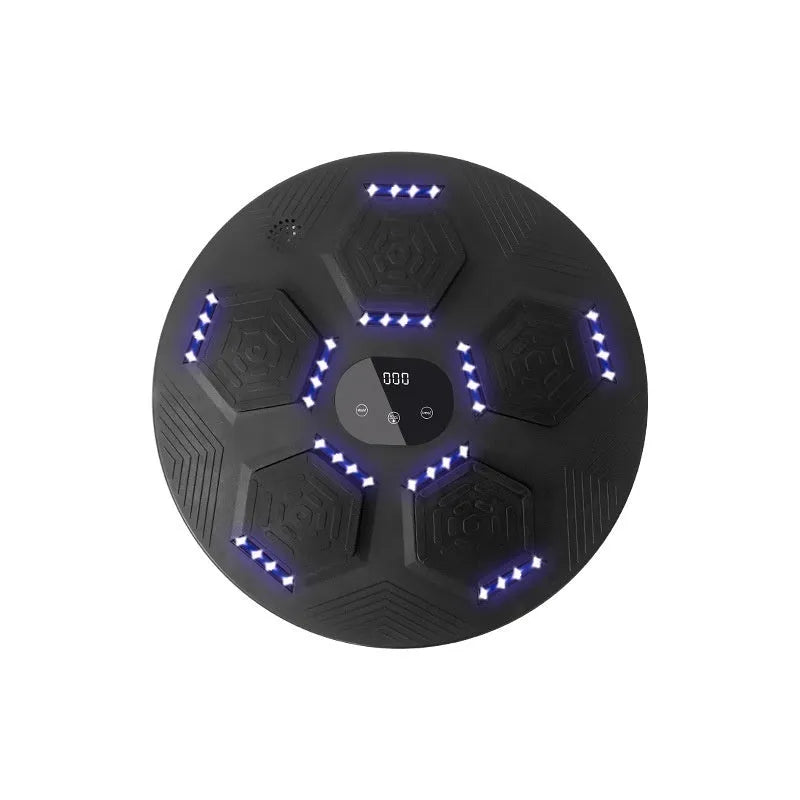 Smart music-reactive boxing target hanging on a wall in a home gym setting.
