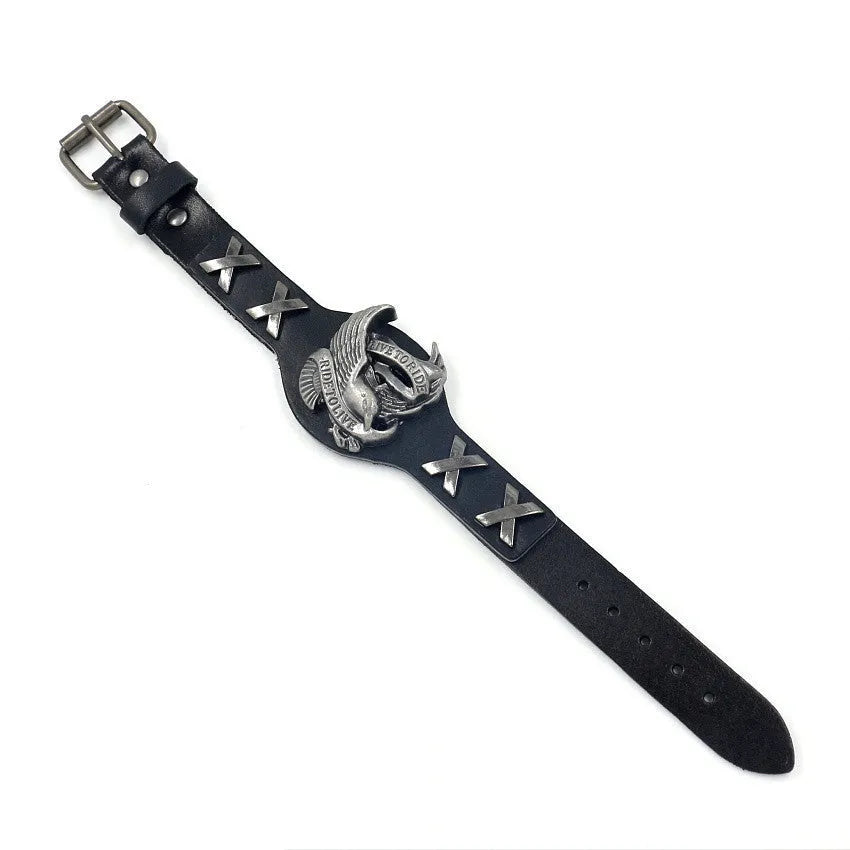 Black geometric leather bracelet with alloy eagle clasp showing tapered 1.7-3.8cm width
