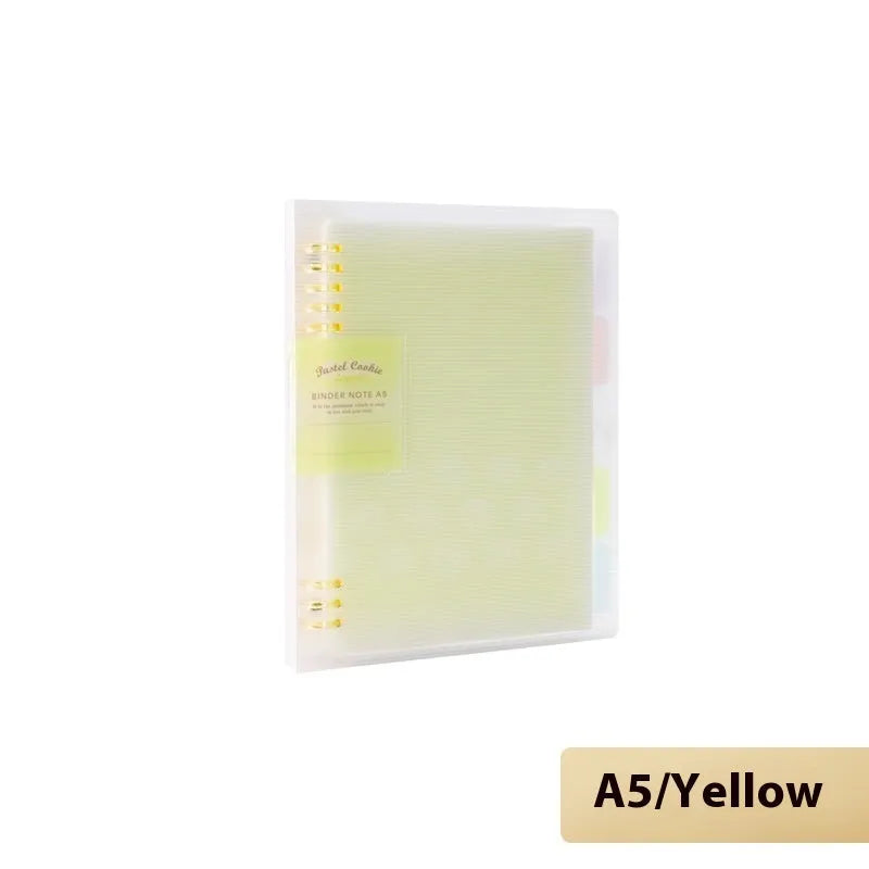 Refillable A5 and B5 spiral notebook with PP cover, shown in pastel cookie blue and plaid impression designs with loose-leaf paper.