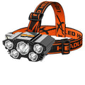 Super bright 10W LED miner's head torch lamp with headband on a colour box with data cable.