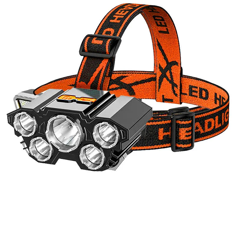 Super bright 10W LED miner's head torch lamp with headband on a colour box with data cable.