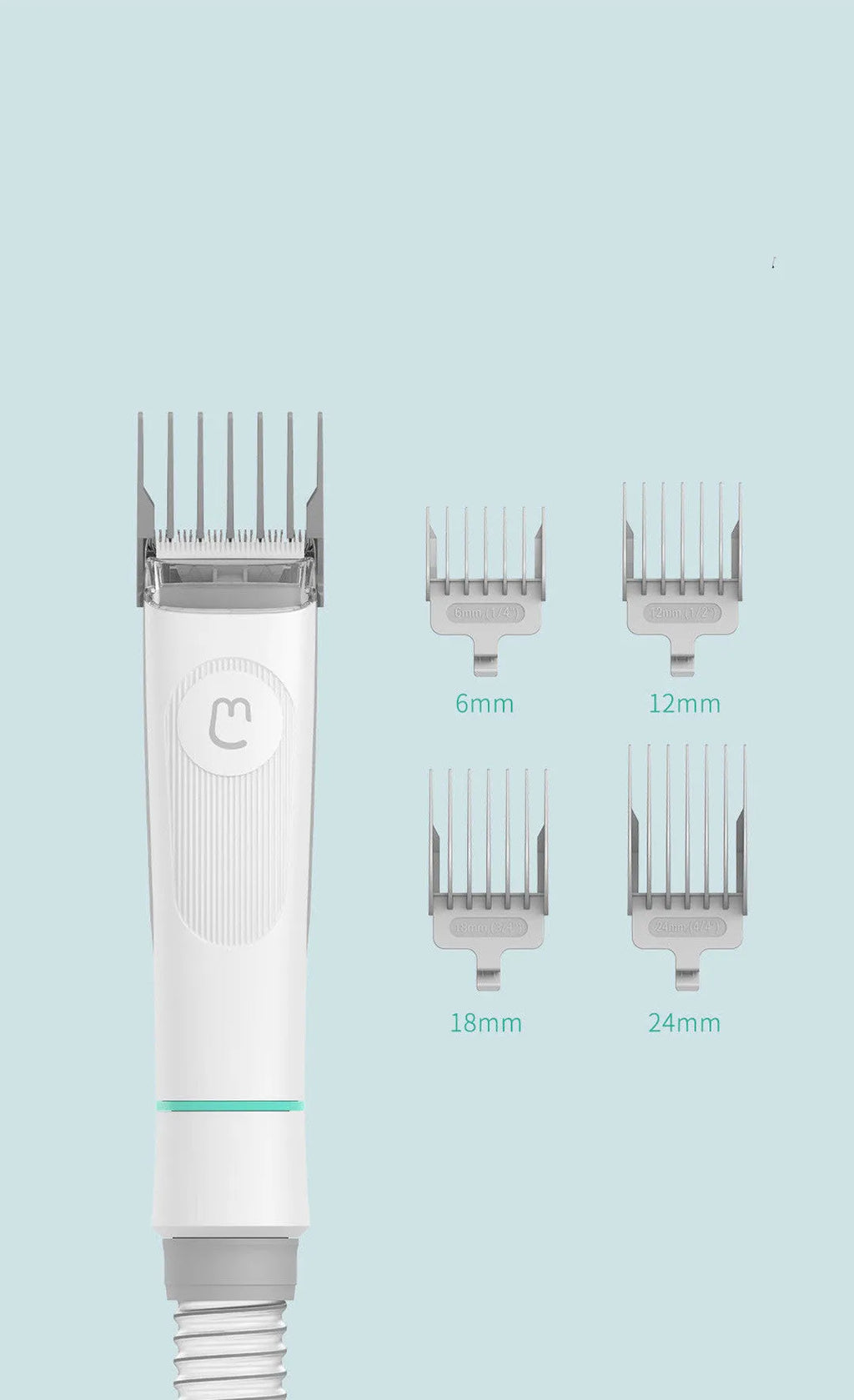 White ABS plastic pet grooming clippers kit with electric scissors, combs, and cleaning brush.