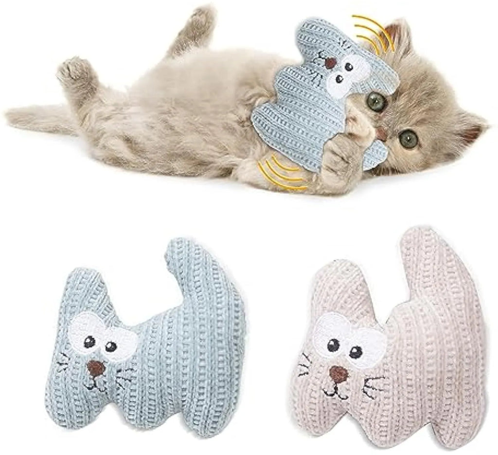 Cyan plush cat toy with a rope tail and bell, shown next to a light coffee coloured version.