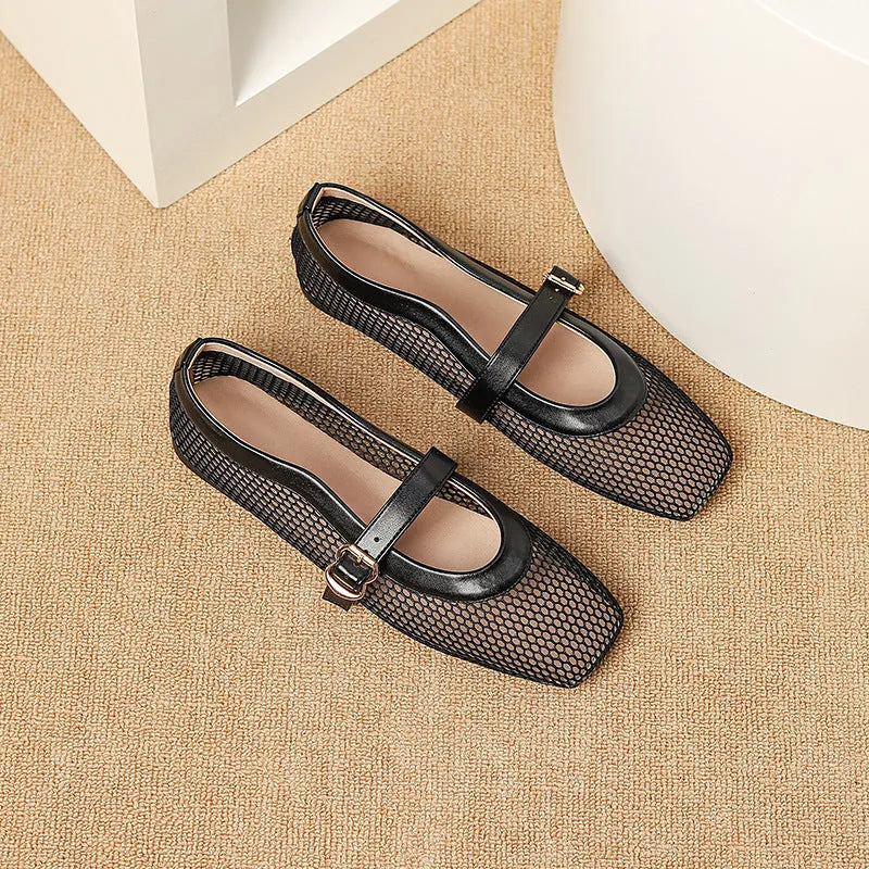 Women's beige mesh buckle sandals with a square toe and flat heel on a white background.