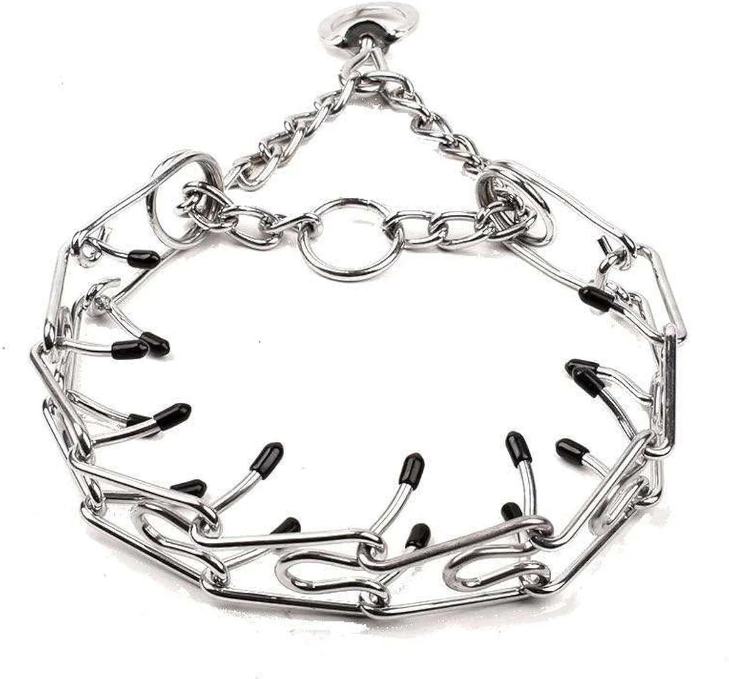 Stainless steel dog training prong collar with rubber tips, showing adjustable chain links.