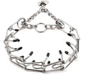 Stainless steel dog training prong collar with rubber tips, showing adjustable chain links.