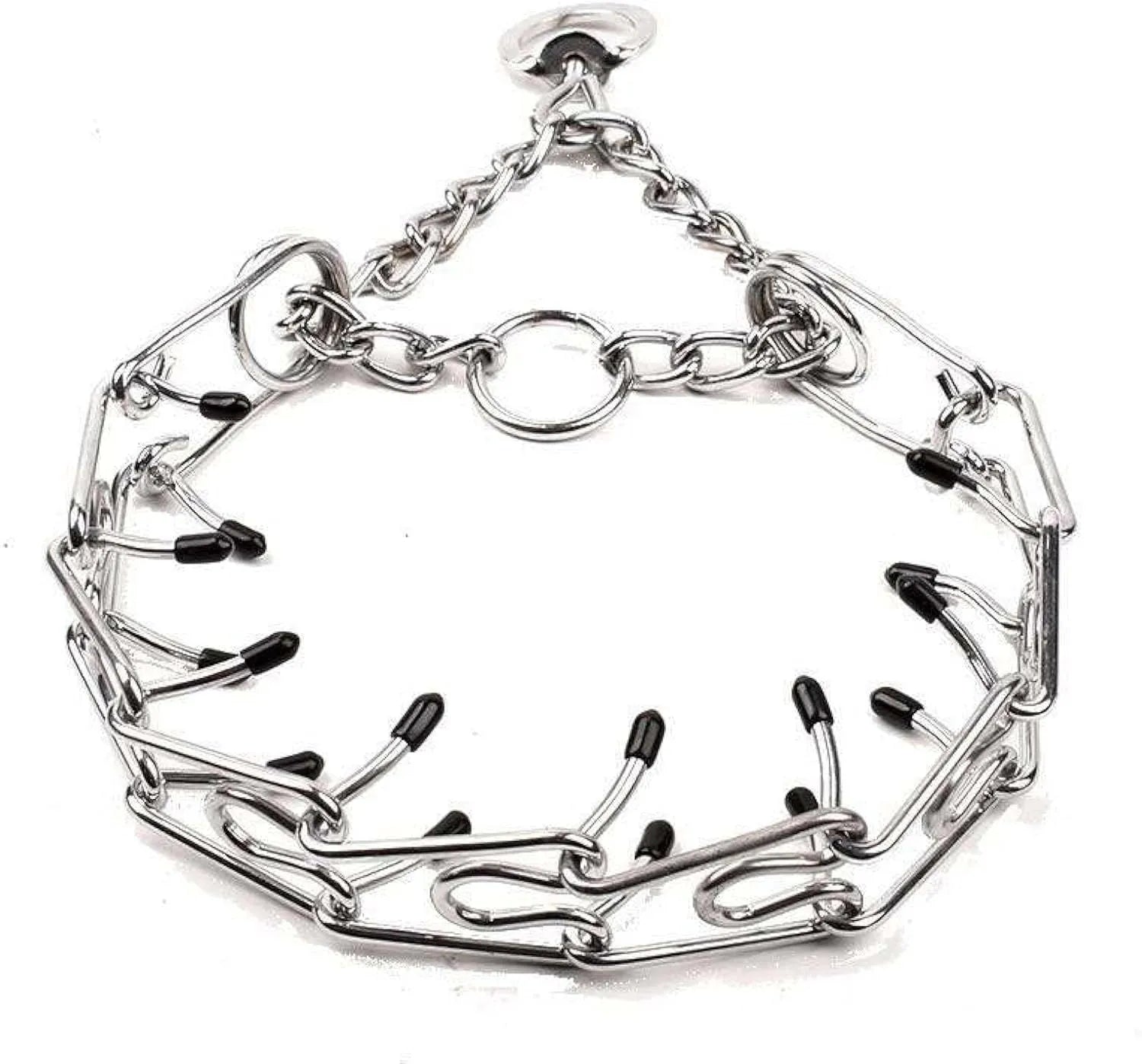 Stainless steel dog training prong collar with rubber tips, showing adjustable chain links.