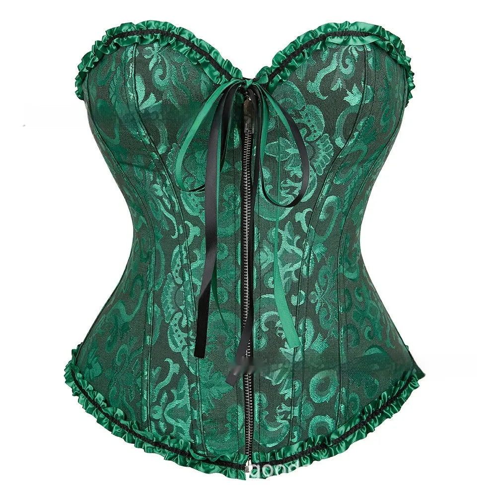 Front-zip women's jacquard corset in spandex for waist support, shown in a two-tone black and green colour.