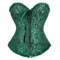 Front-zip women's jacquard corset in spandex for waist support, shown in a two-tone black and green colour.