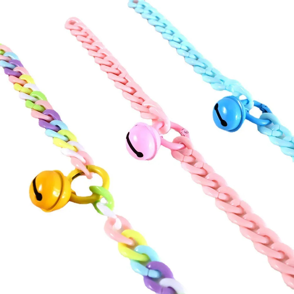 Macaron candy coloured plastic pet collar for cats, dogs, or rabbits on a chain.
