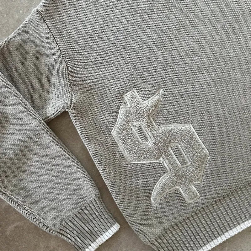 Grey loose-fitting jacquard knitwear coat with long sleeves