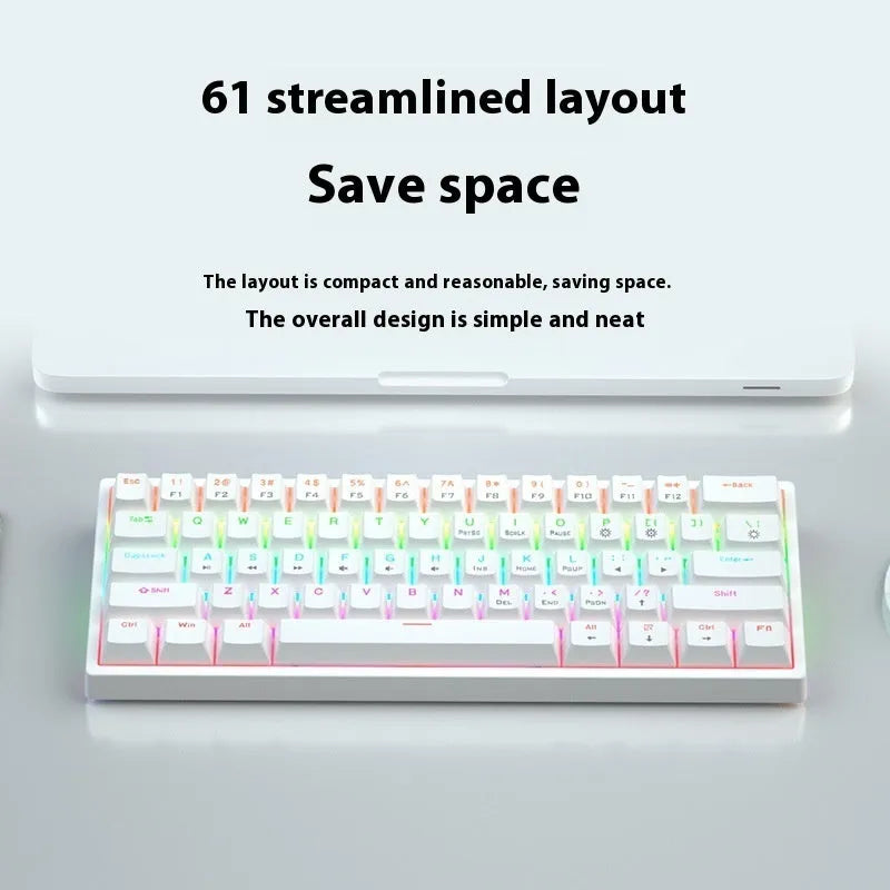Bluish black 61-key compact mechanical keyboard with hot-swappable sockets and coloured keycaps.