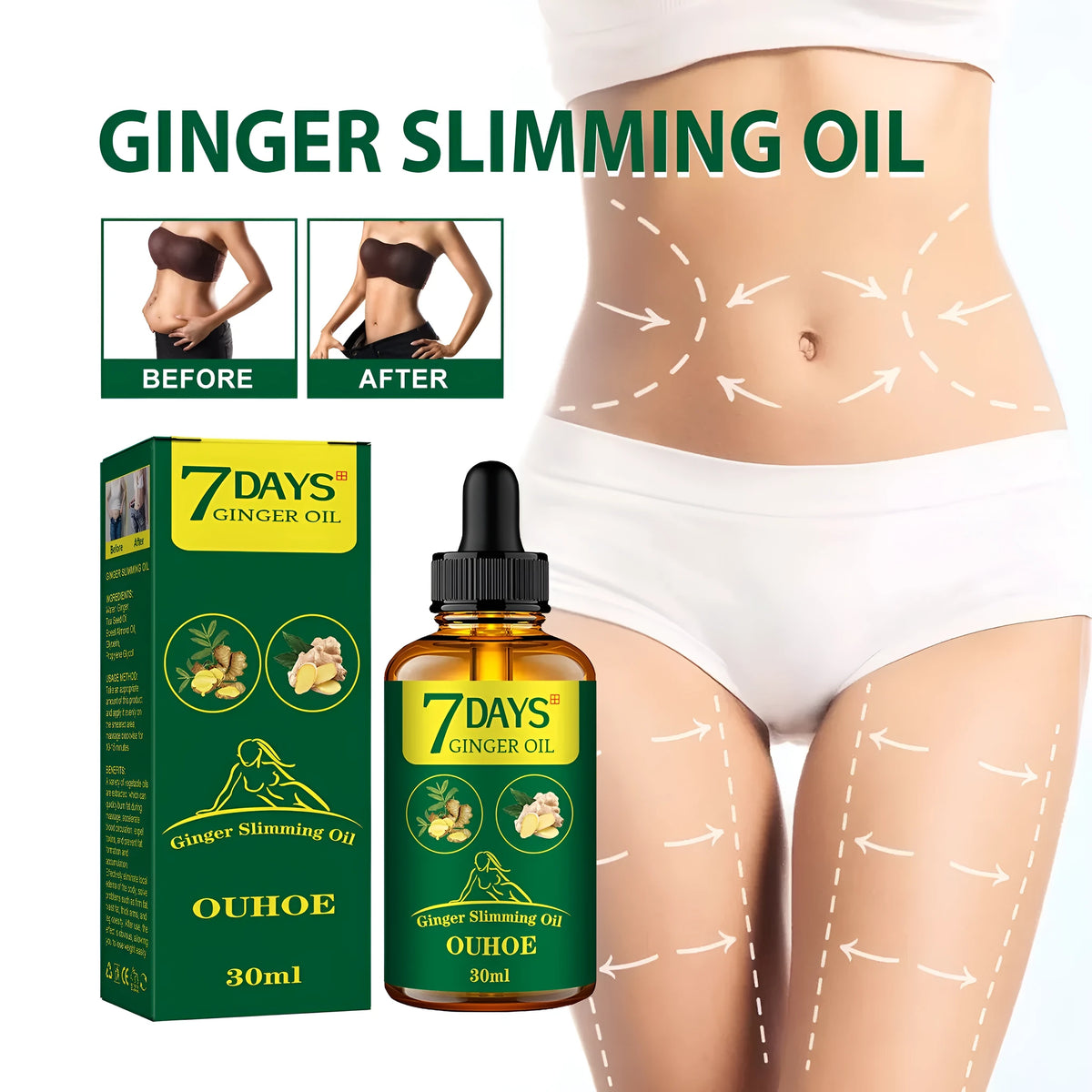 30ml ginger essential oil bottle for body shaping and thigh firming treatment