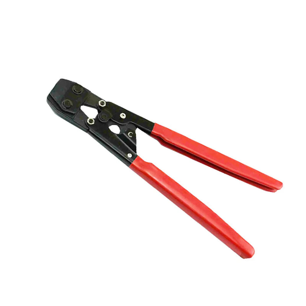 Red cloth PEX clamp set with carbon steel cutting edge for secure plumbing connections