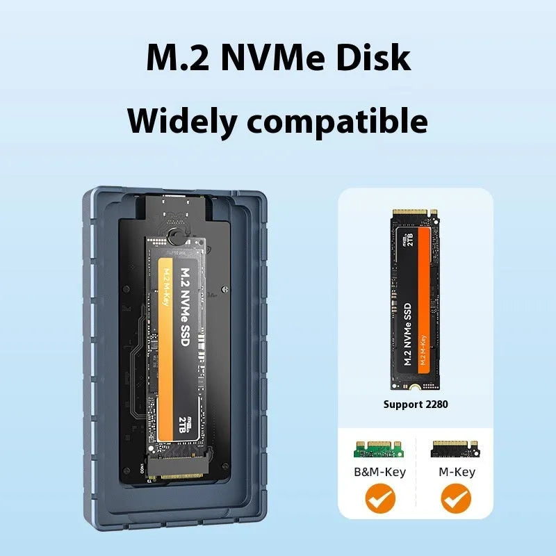 Silver aluminium alloy USB4 external hard drive enclosure for SSDs, shown with dimensions.