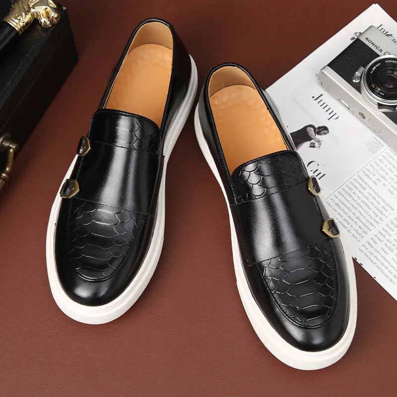 Men's casual leather shoes in black or brown with embossed artificial PU upper, flat heel, round toe, and rubber sole, sizes 38-46