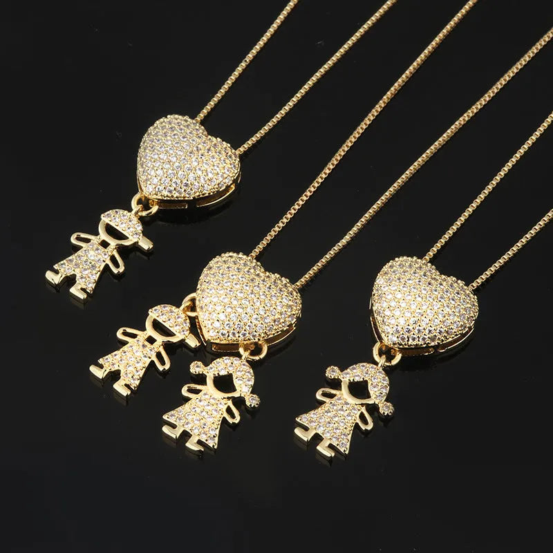 Gold colour copper family heart necklace with cubic zirconia inlay and boy girl motif pendant