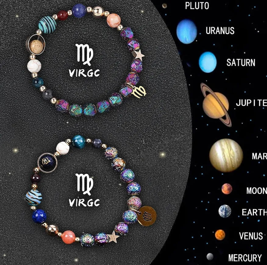 Natural stone Zodiac sign beaded bracelet showing astrology symbols on adjustable elastic cord