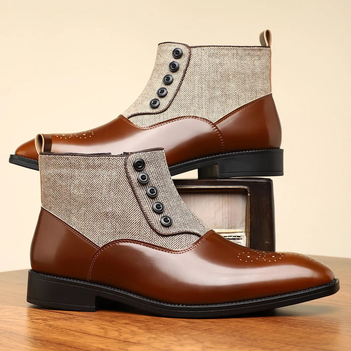 Men's brown retro formal shoes with side zipper and square heel design
