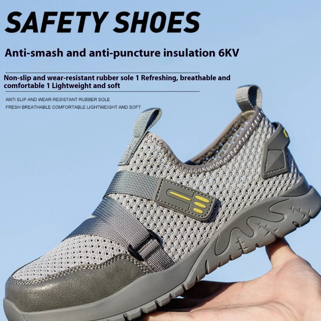 Men's grey industrial safety shoes with anti-smash protection and rubber soles