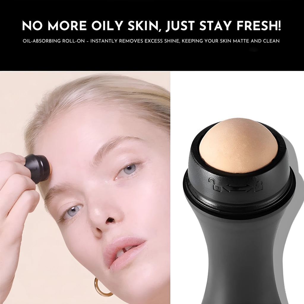 Volcanic stone portable facial roller for oily skin control in black, green, pink, or white.