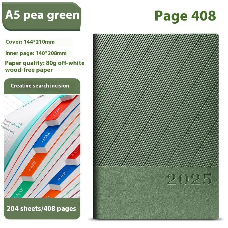 A4 notepad with striped PU leather cover open to show 80g wood-free paper pages
