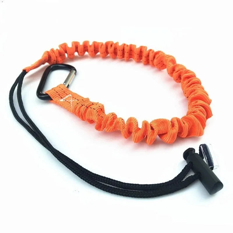 Orange coloured 90cm long elastic safety rope for connecting fishing rod sections to prevent separation.